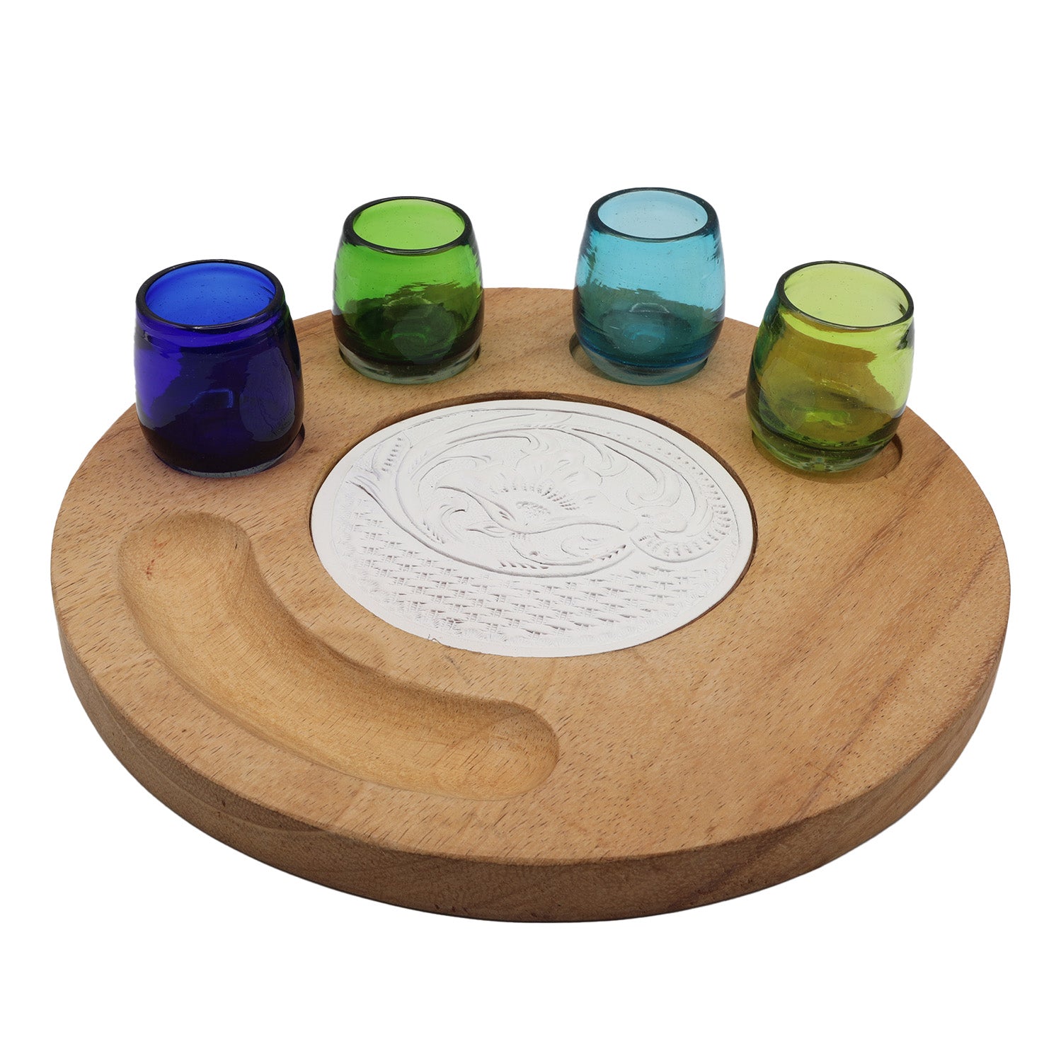 Blown Glass Shot Glass Set with Parota Serving Tray