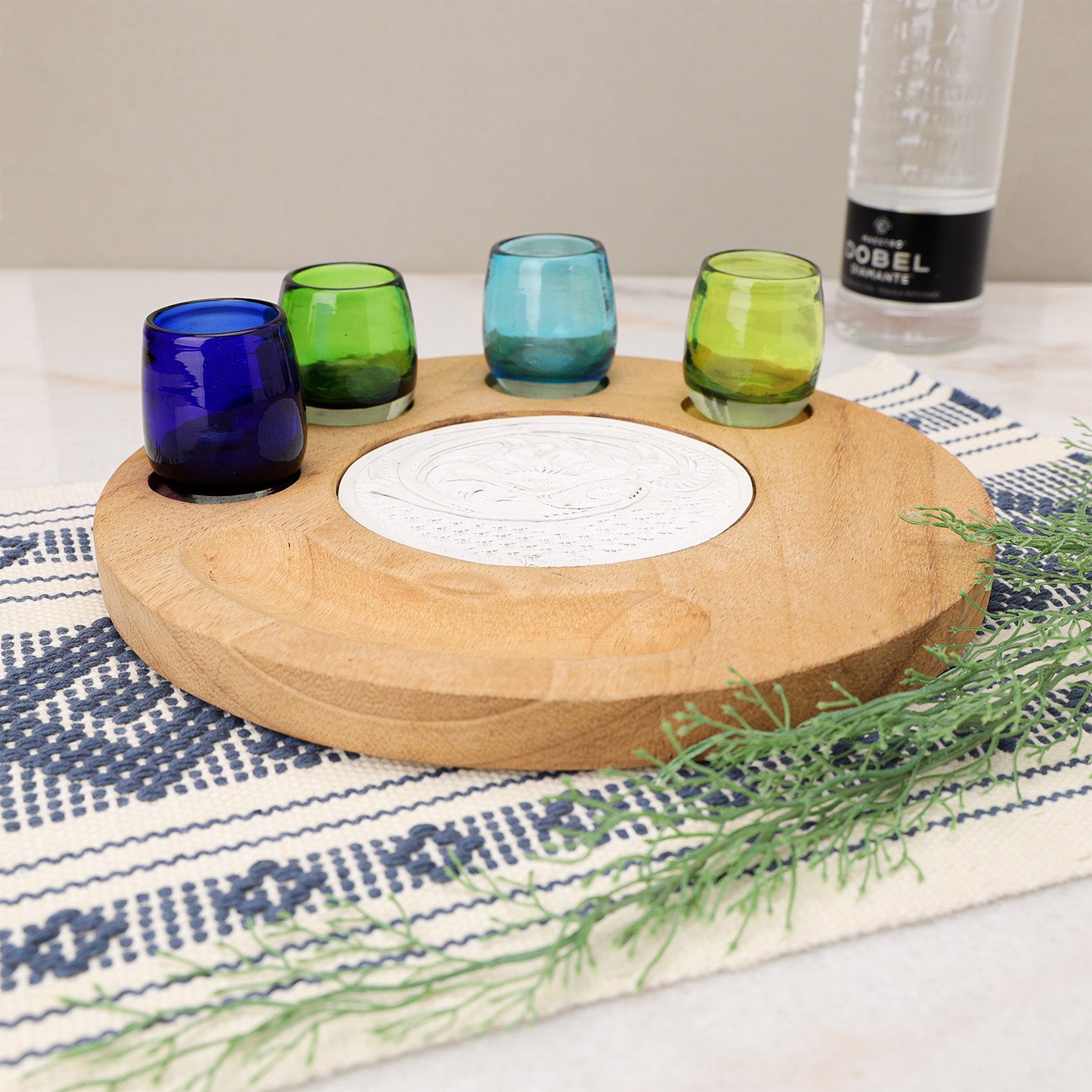 Blown Glass Shot Glass Set with Parota Serving Tray