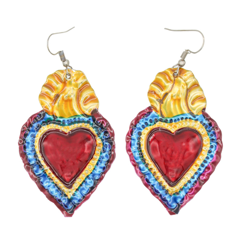 Corazón Milagro Mexican Earrings | Lolo Mexican Mercadito Red Heart with Yellow Torch