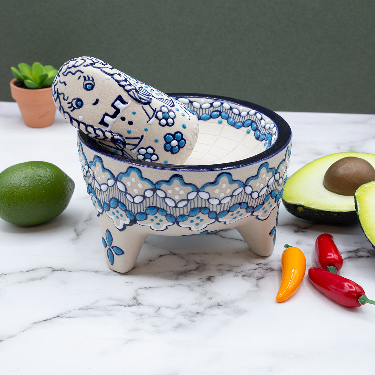 Coyoacán Small Hand-Painted Ceramic Molcajete with Pestle