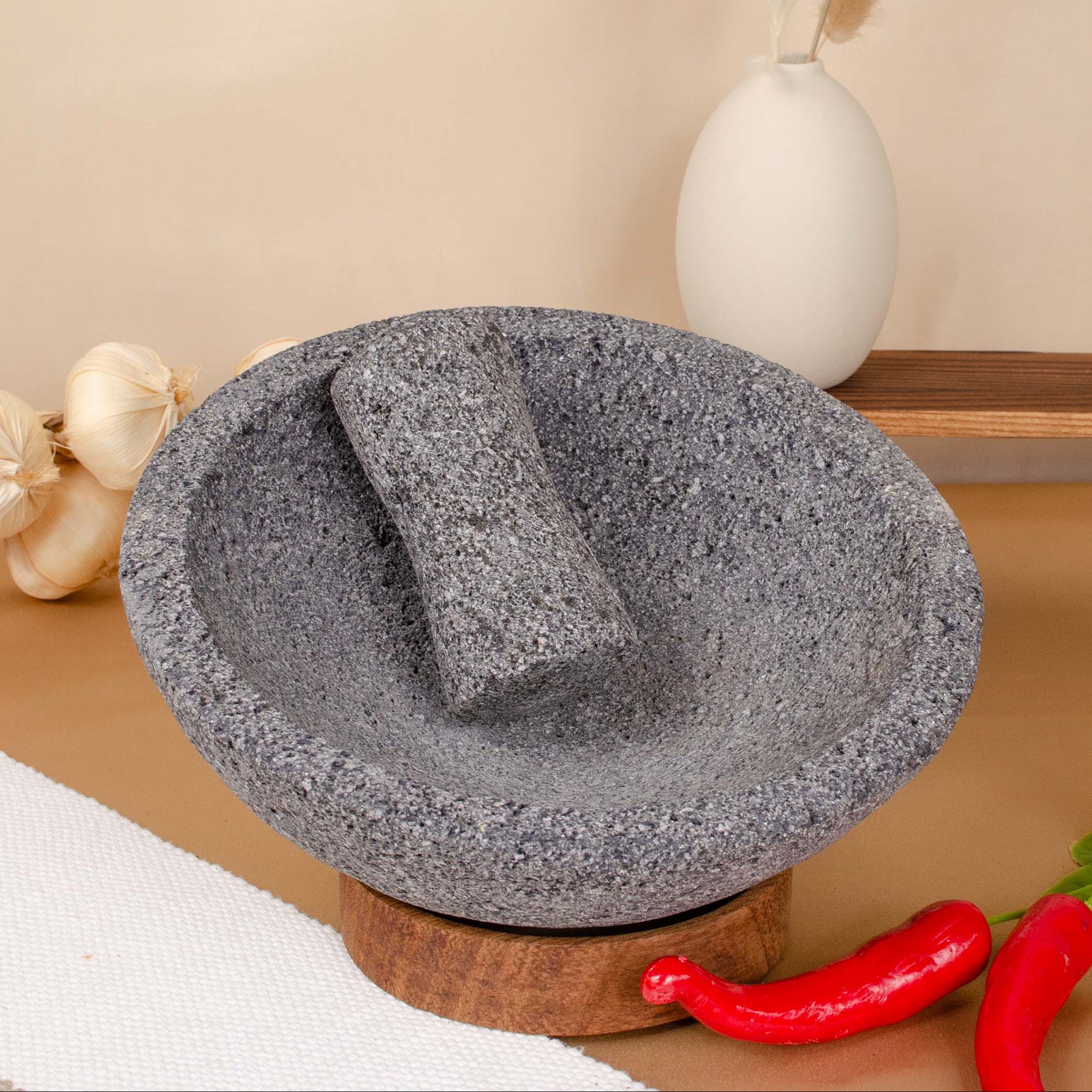Volcanic Stone Molcajete with Wooden Base