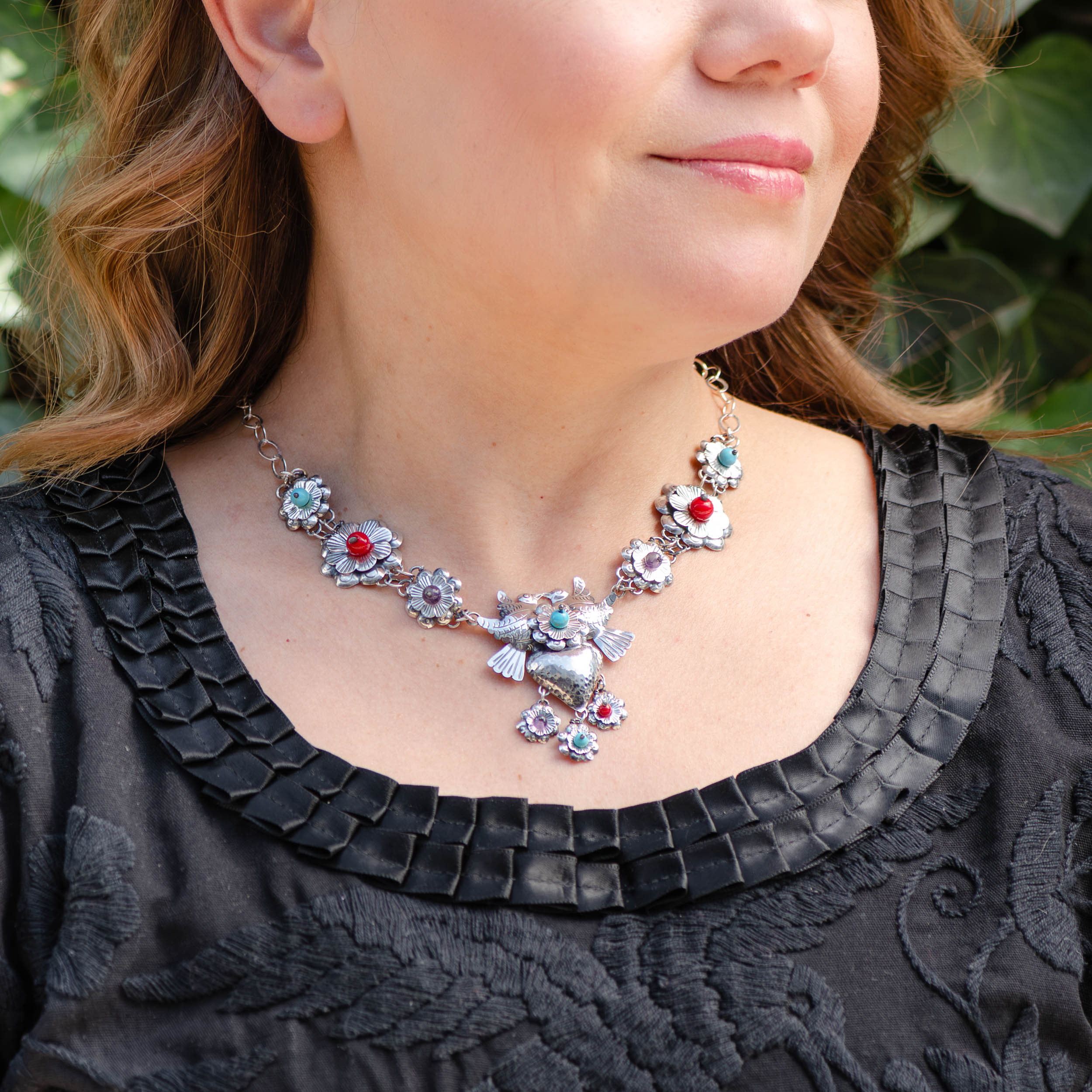 Sterling Silver Flowered Mazahua Love Birds Necklace