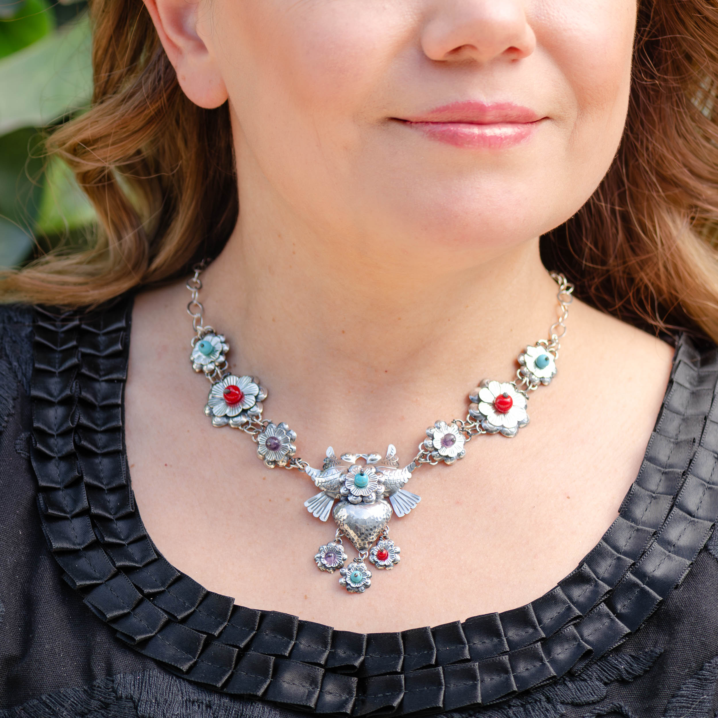 Sterling Silver Flowered Mazahua Love Birds Necklace