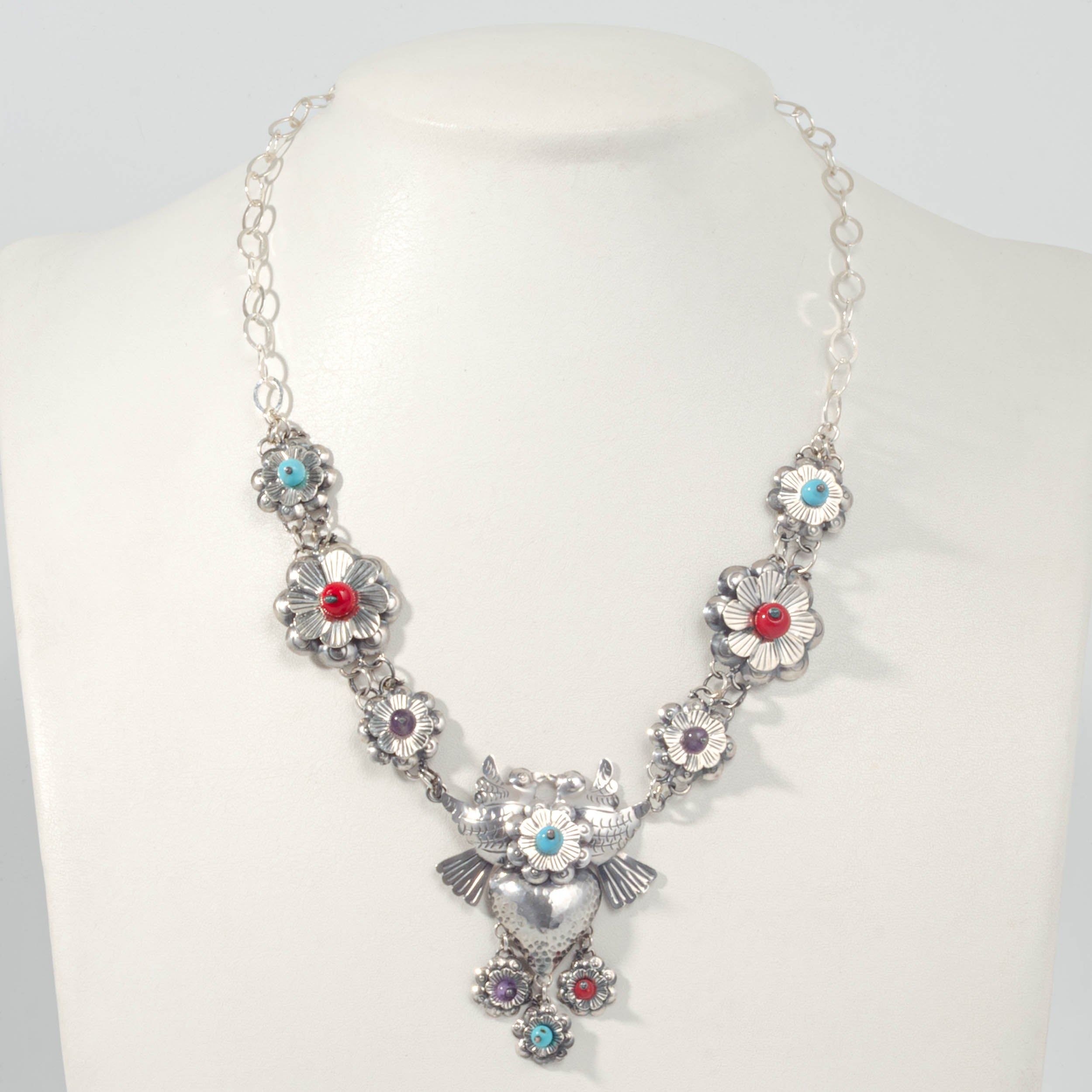 Sterling Silver Flowered Mazahua Love Birds Necklace