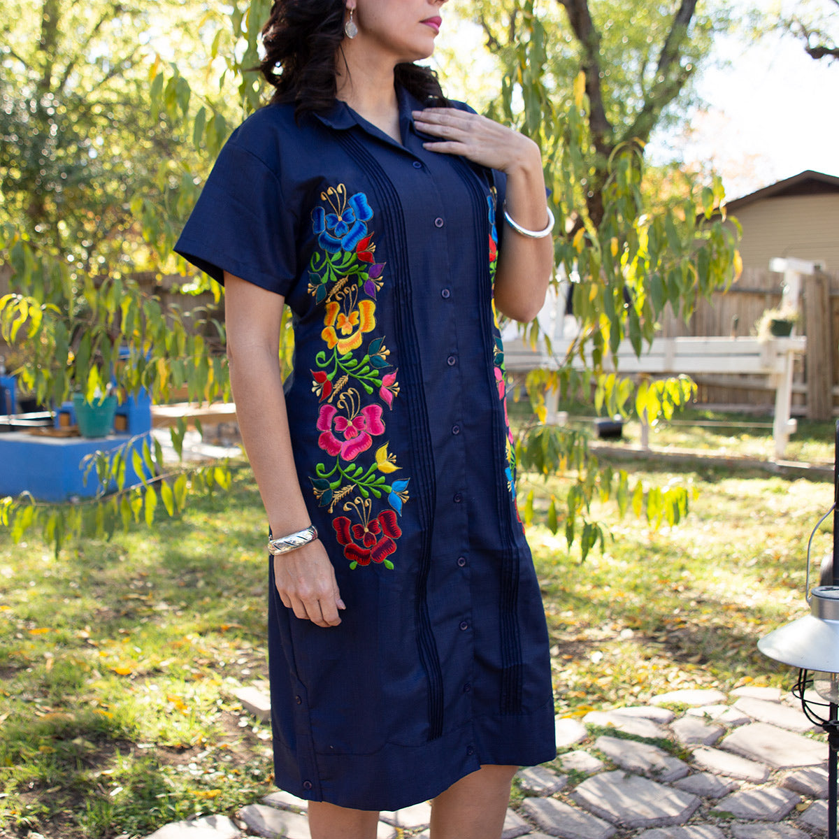 Cali Navy Guayabera Short Sleeve Dress