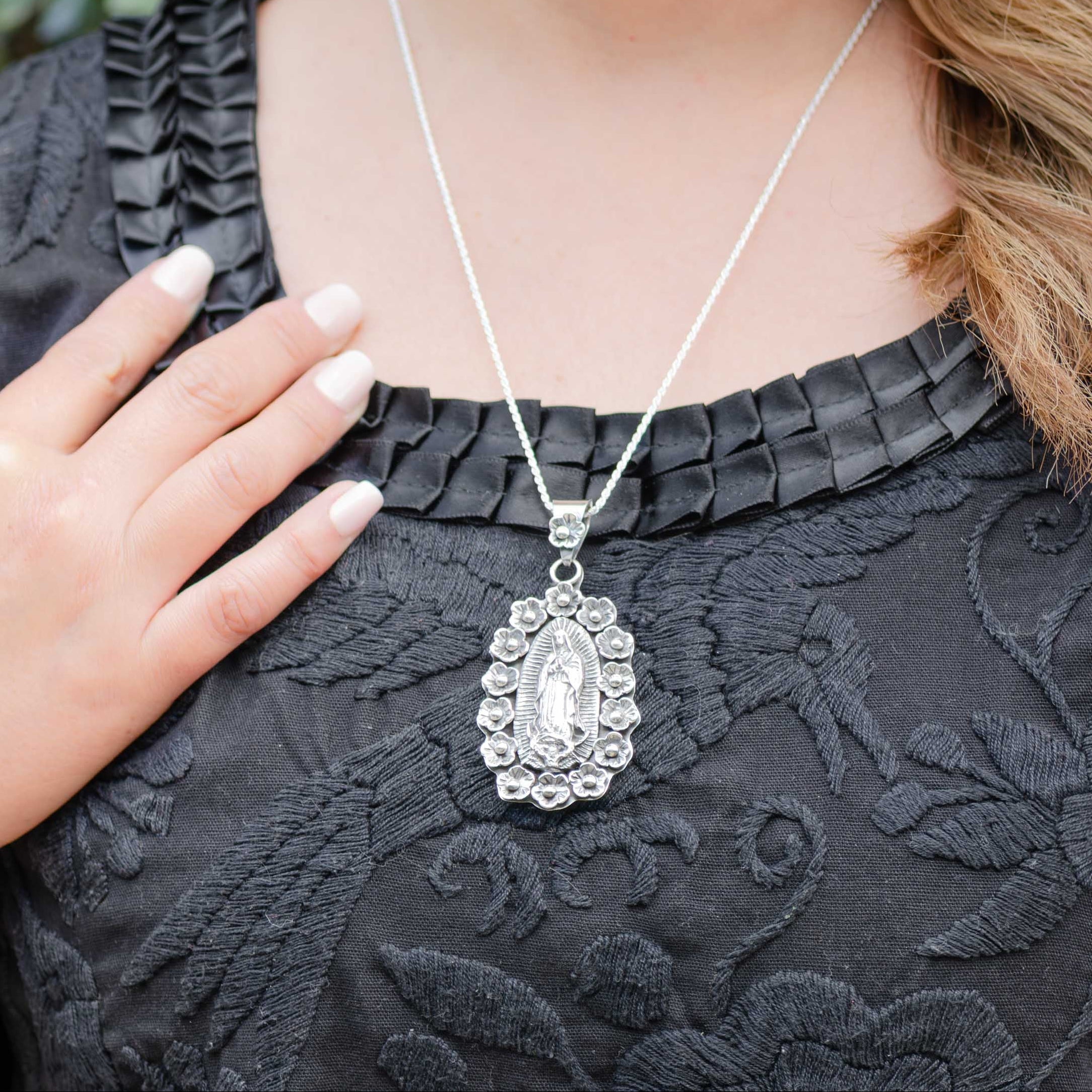 Sterling Silver Floral Virgencita Pendant