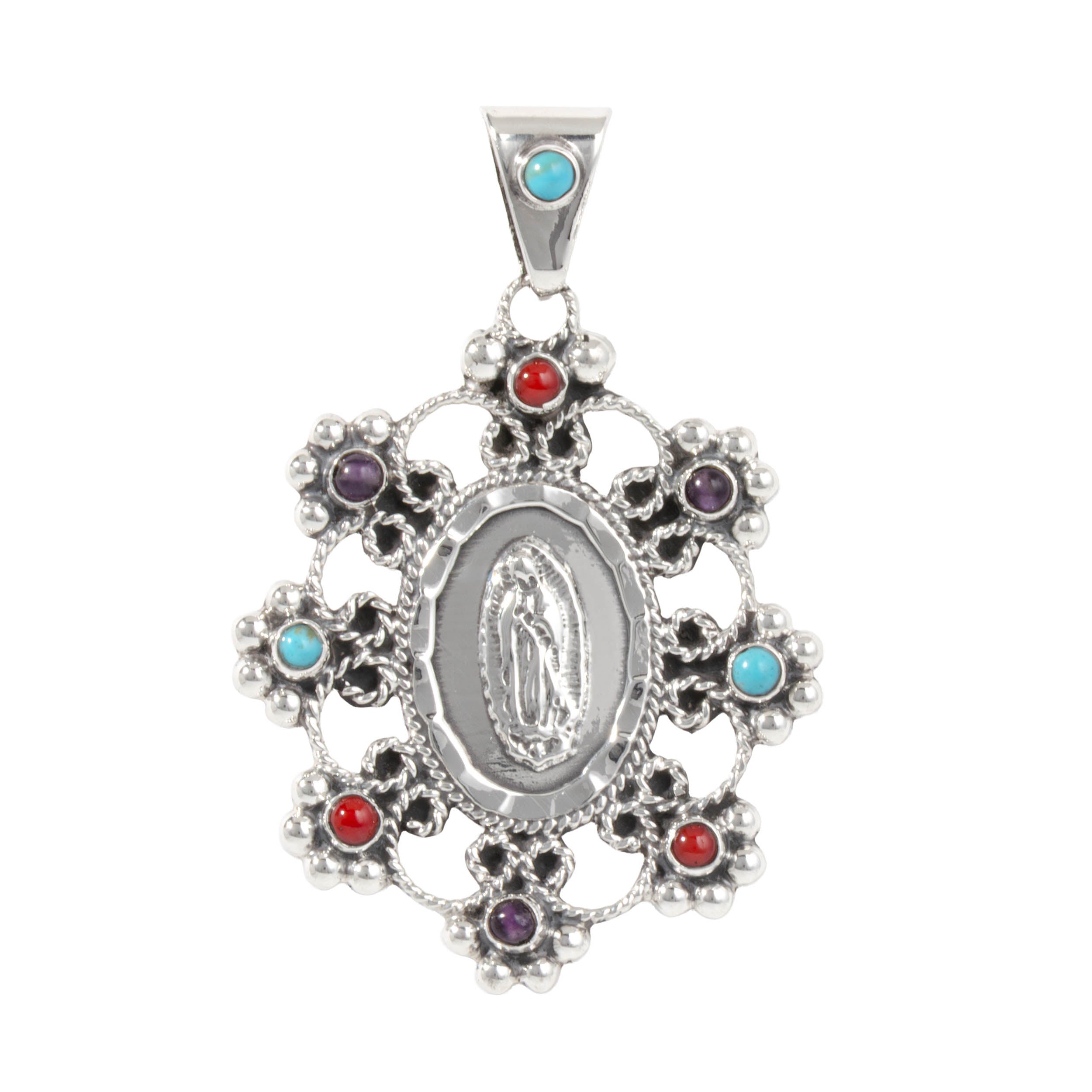 Sterling Silver Virgencita Baroque Gemstones Pendant