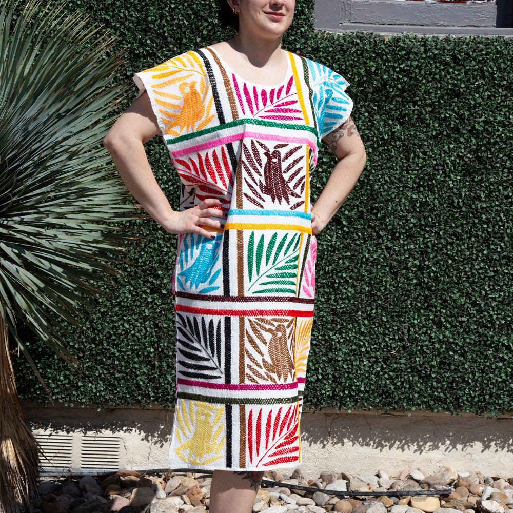 Stitched Palmita Embroidered Huipil Dress | Lolo Mexican Mercadito Multicolor Embroidery with Birds / Large/X-Large Stitched Palmita Embroidered Huipil Dress | Lolo Mexican Mercadito Multicolor Embroidery with Birds / Large/X-Large
