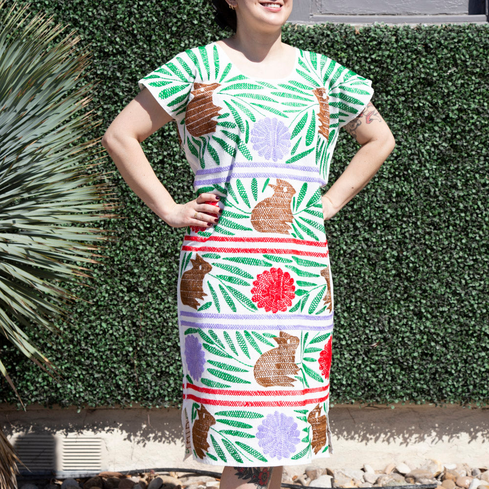 Stitched Palmita Embroidered Huipil Dress | Lolo Mexican Mercadito Multicolor Embroidery with Flower & Animals / Large/X-Large Stitched Palmita Embroidered Huipil Dress | Lolo Mexican Mercadito Multicolor Embroidery with Flower & Animals / Large/X-Large