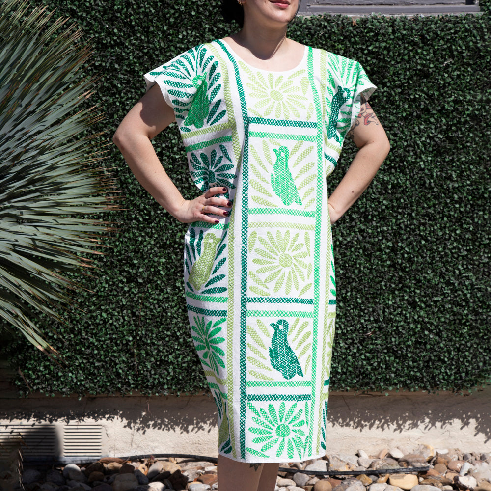Stitched Palmita Embroidered Huipil Dress | Lolo Mexican Mercadito Greens Embroidery / Large/X-Large Stitched Palmita Embroidered Huipil Dress | Lolo Mexican Mercadito Greens Embroidery / Large/X-Large