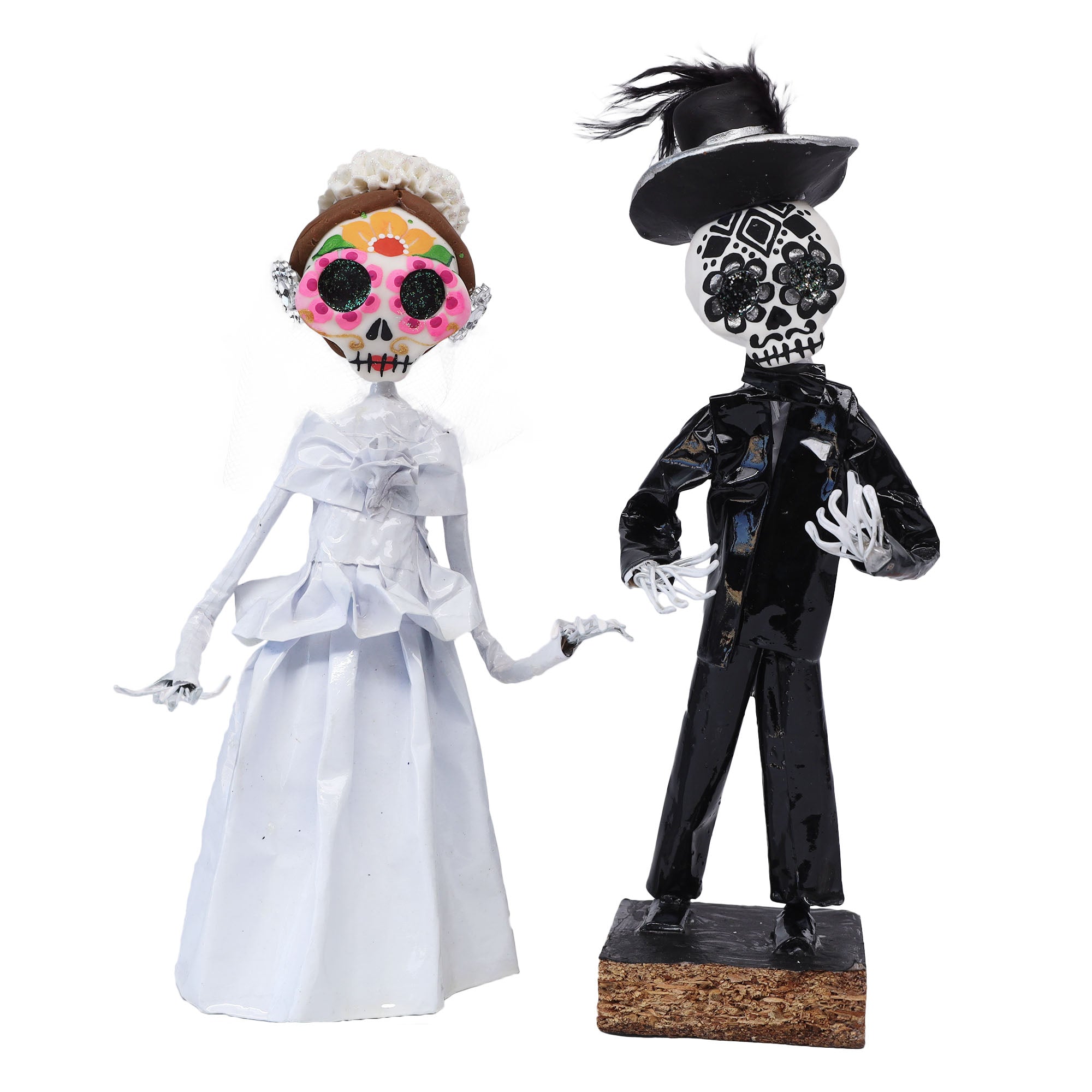 Mexican Folk Art top Day Of The Dead Papier Mache Skeleton Bride & Groom On Bike