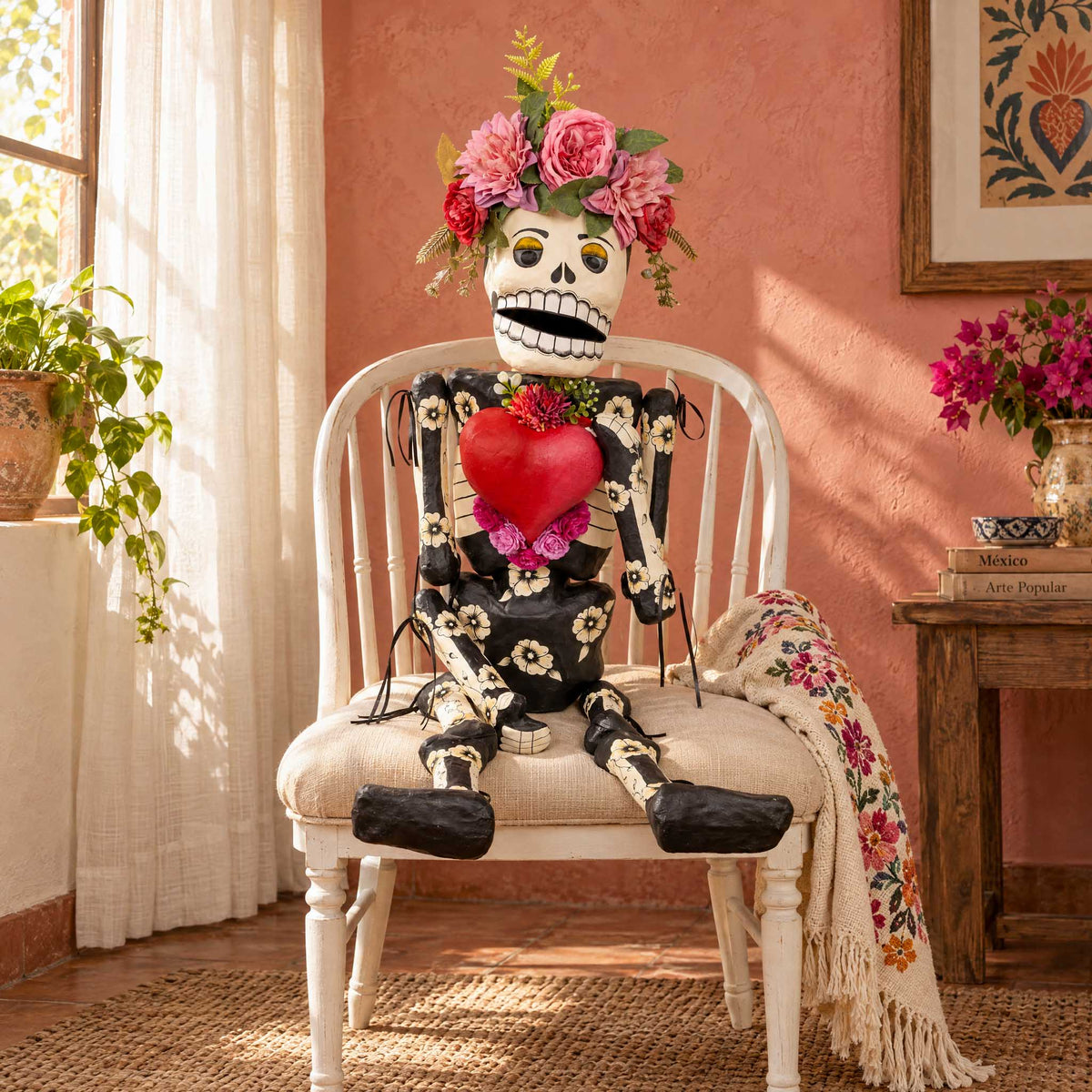 Papier Mǎche Large Catrina with A Heart Sculpture