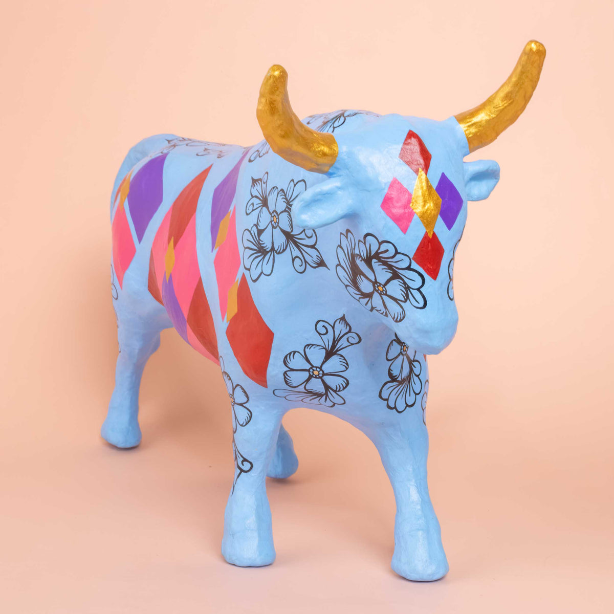 Papier-Mâché El Toro Bull Hand-Painted Sculpture