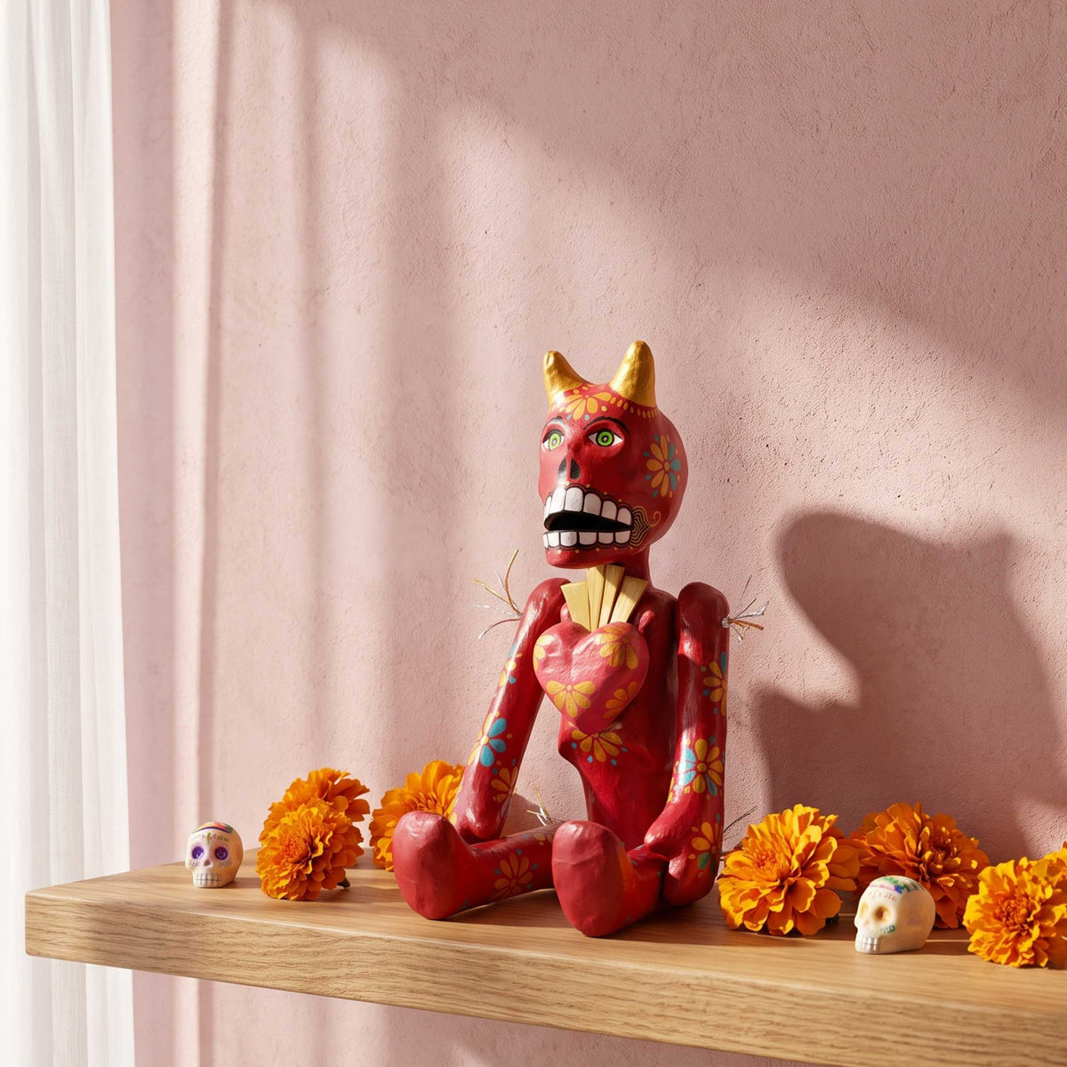 Papier-Mâché El Diablo with A Heart Sculpture