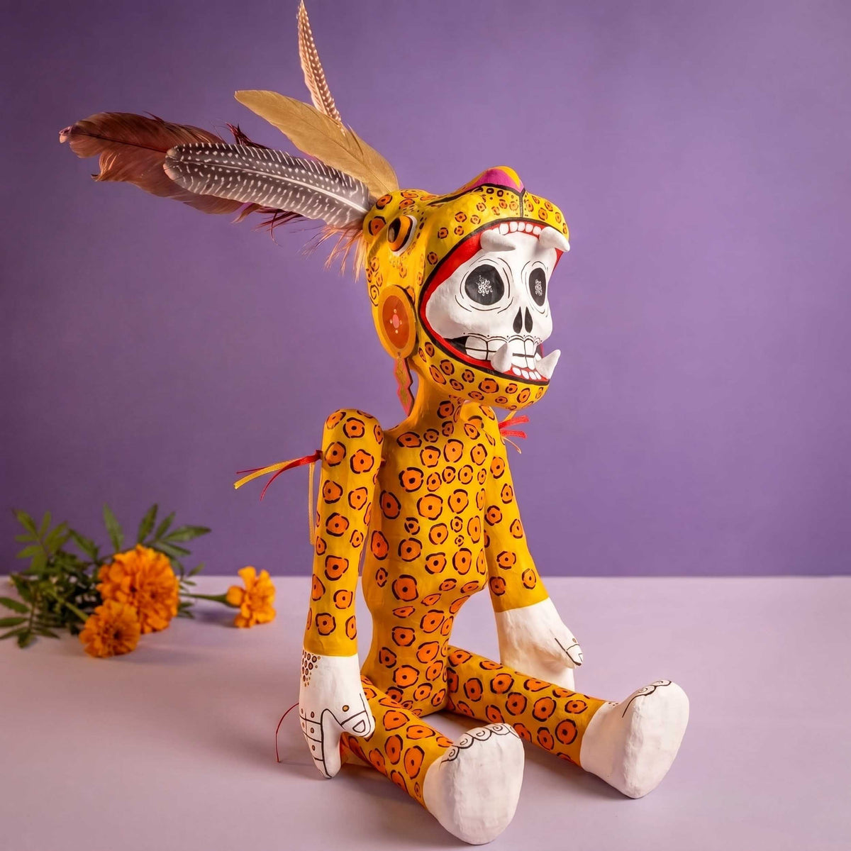 Papier-Mâché Calaca Skeleton Jaguar Warrior Sculpture