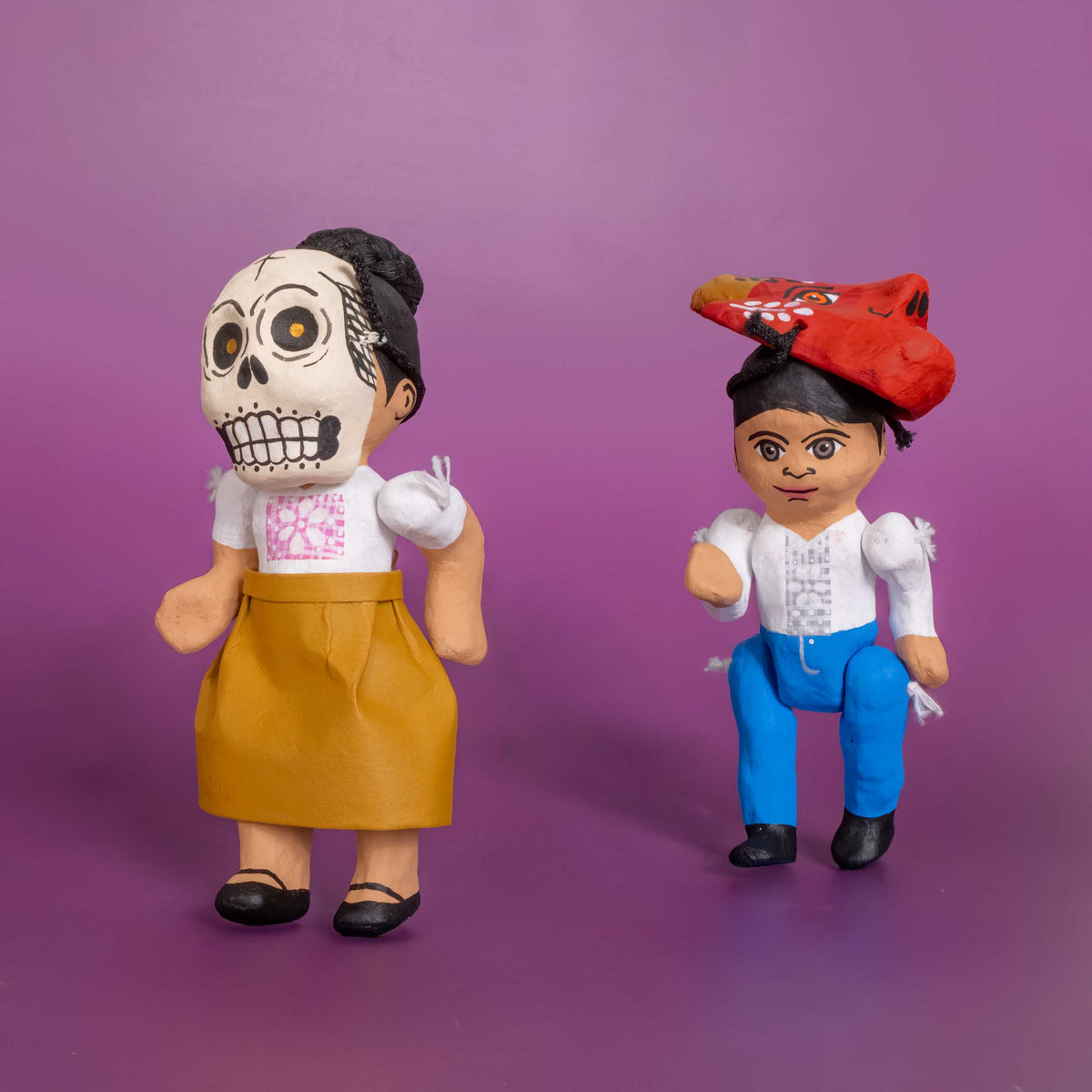 Papier-Mâché Escuincles with Diablitos and Skull Masks Doll Sculptures