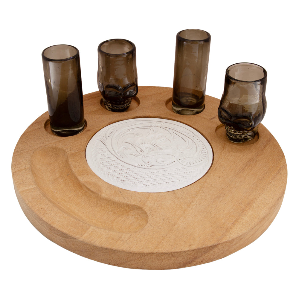 Blown Glass Shot Glass Set with Parota Serving Tray
