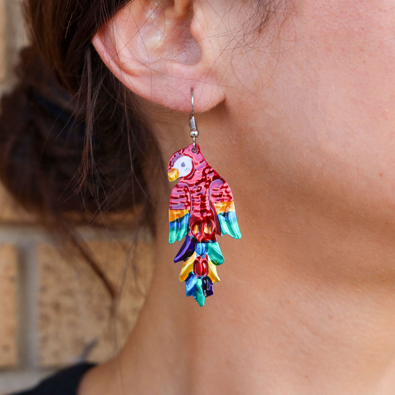Macaw, or Guacamaya Tin Art Milagro Drop Earrings