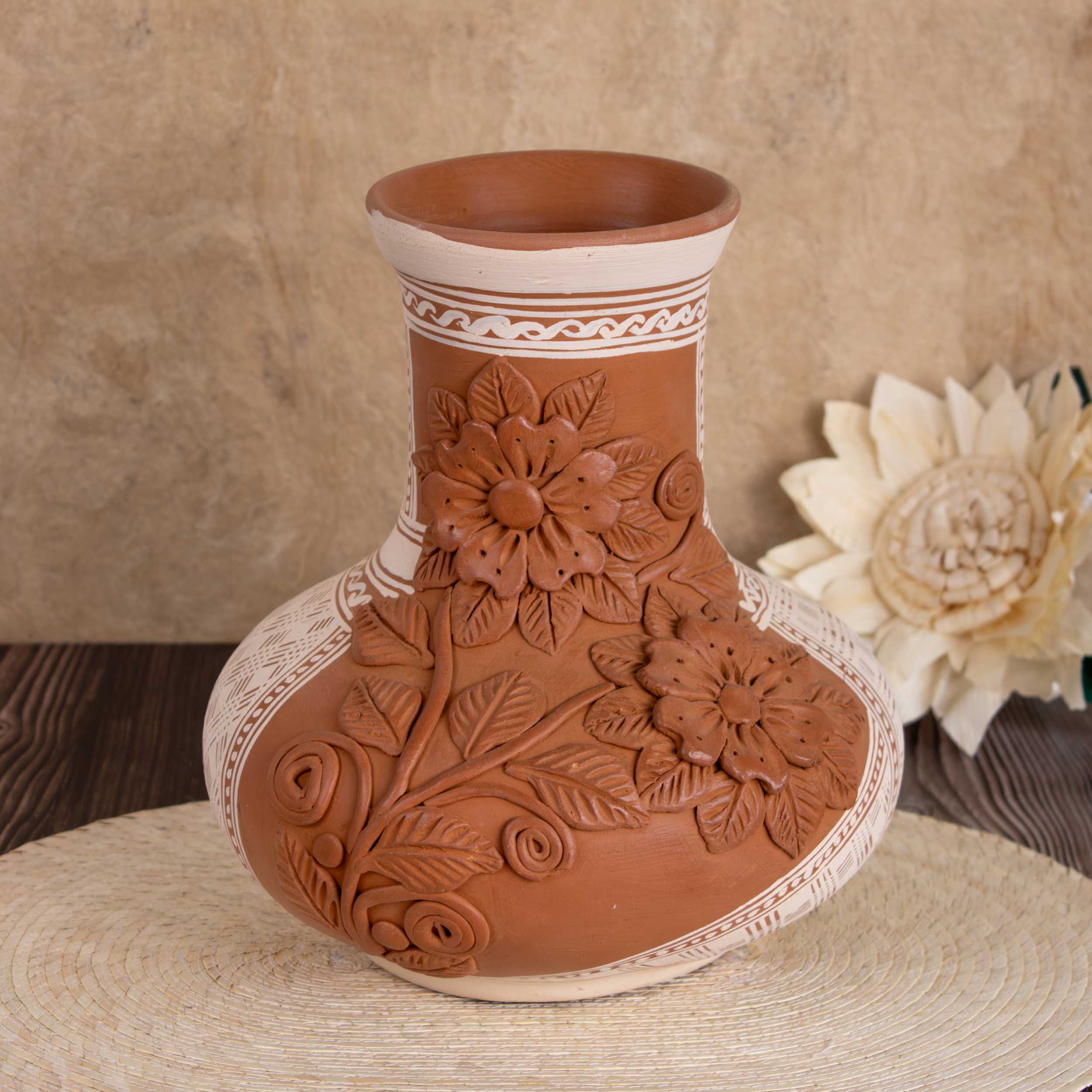 Patamban Long Neck Cantaro with Hand-Sculpted Flowers