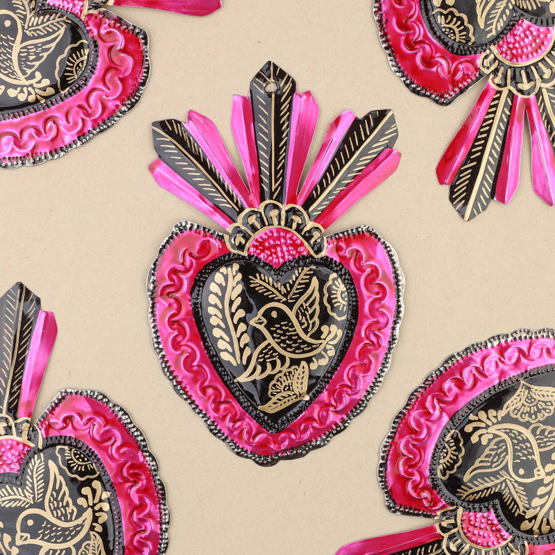 Large Detailed Bird Mexican Milagro Tin Heart
