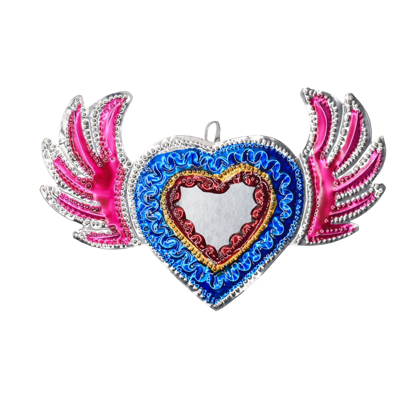 Medium Mexican Winged Milagro Tin Heart with Mirror