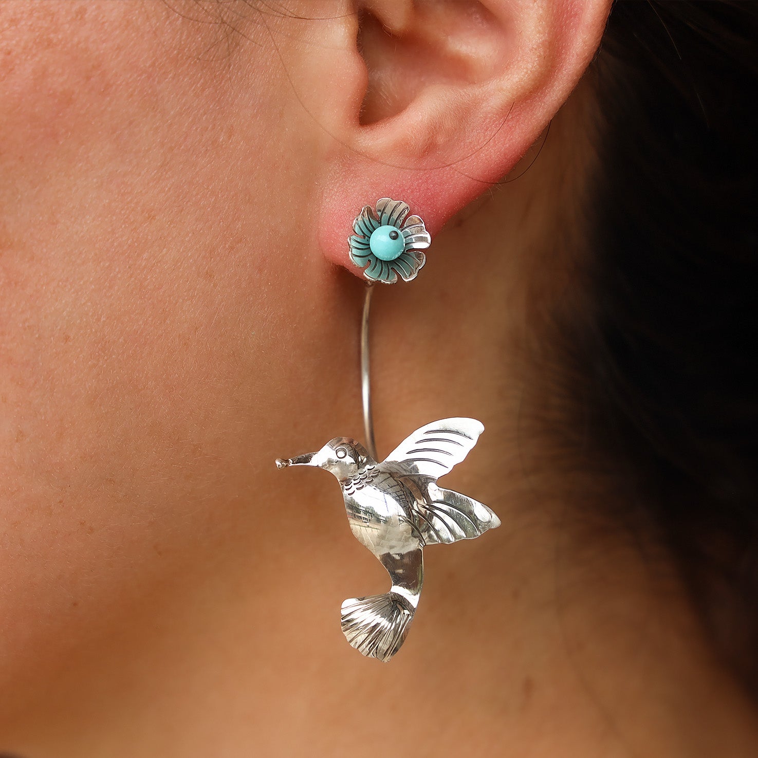 Sterling Silver Flying Hummingbird Mazahua Earrings