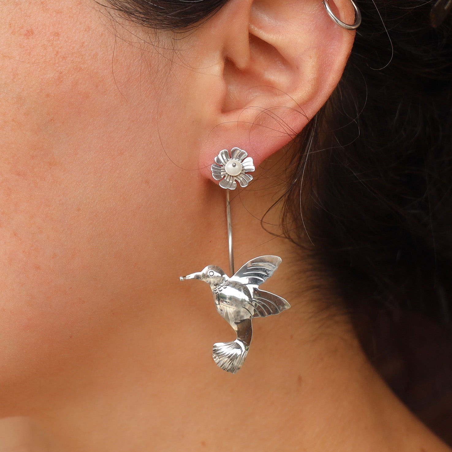 Sterling Silver Flying Hummingbird Mazahua Earrings