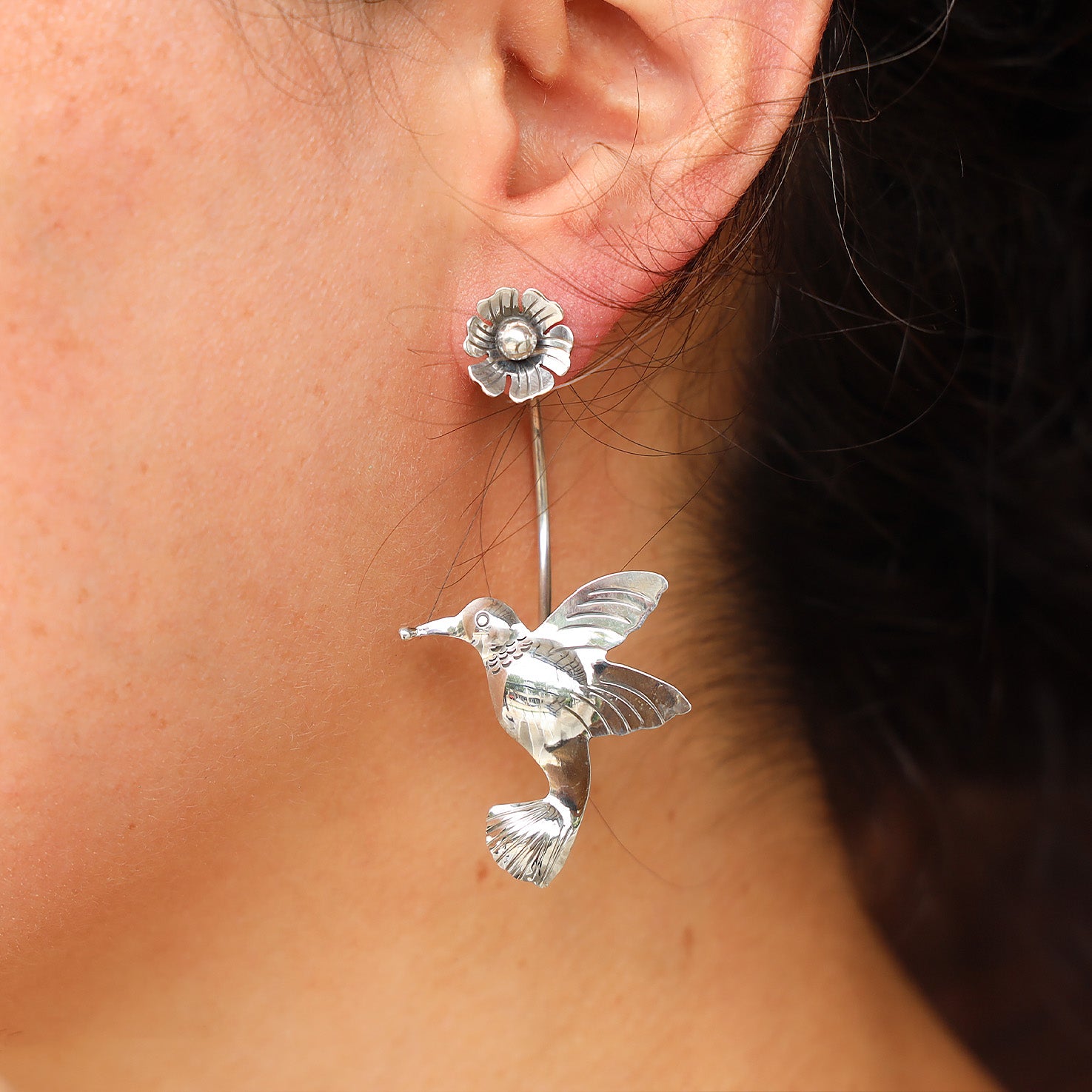 Sterling Silver Flying Hummingbird Mazahua Earrings