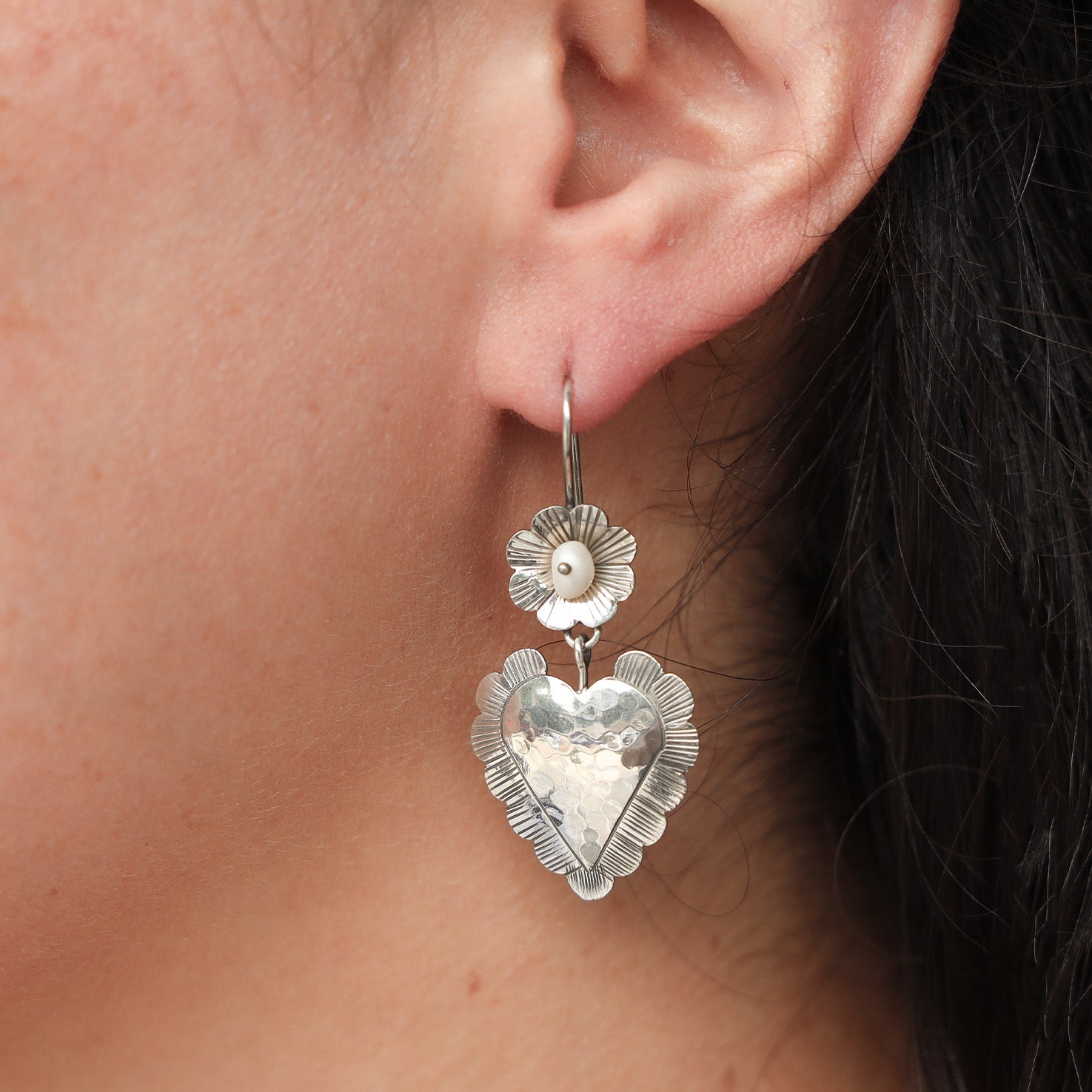 Sterling Silver Flor and Heart Mazahua Earrings