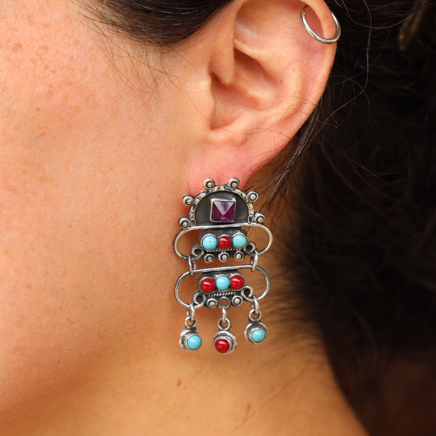 Sterling Silver Baroque Staggered Multicolor Earrings