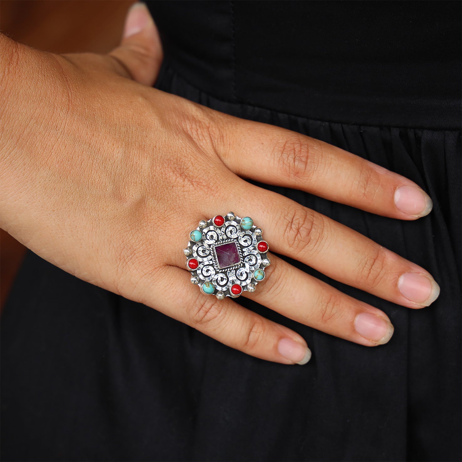 Sterling Silver Baroque Round Swirl Adjustable Ring