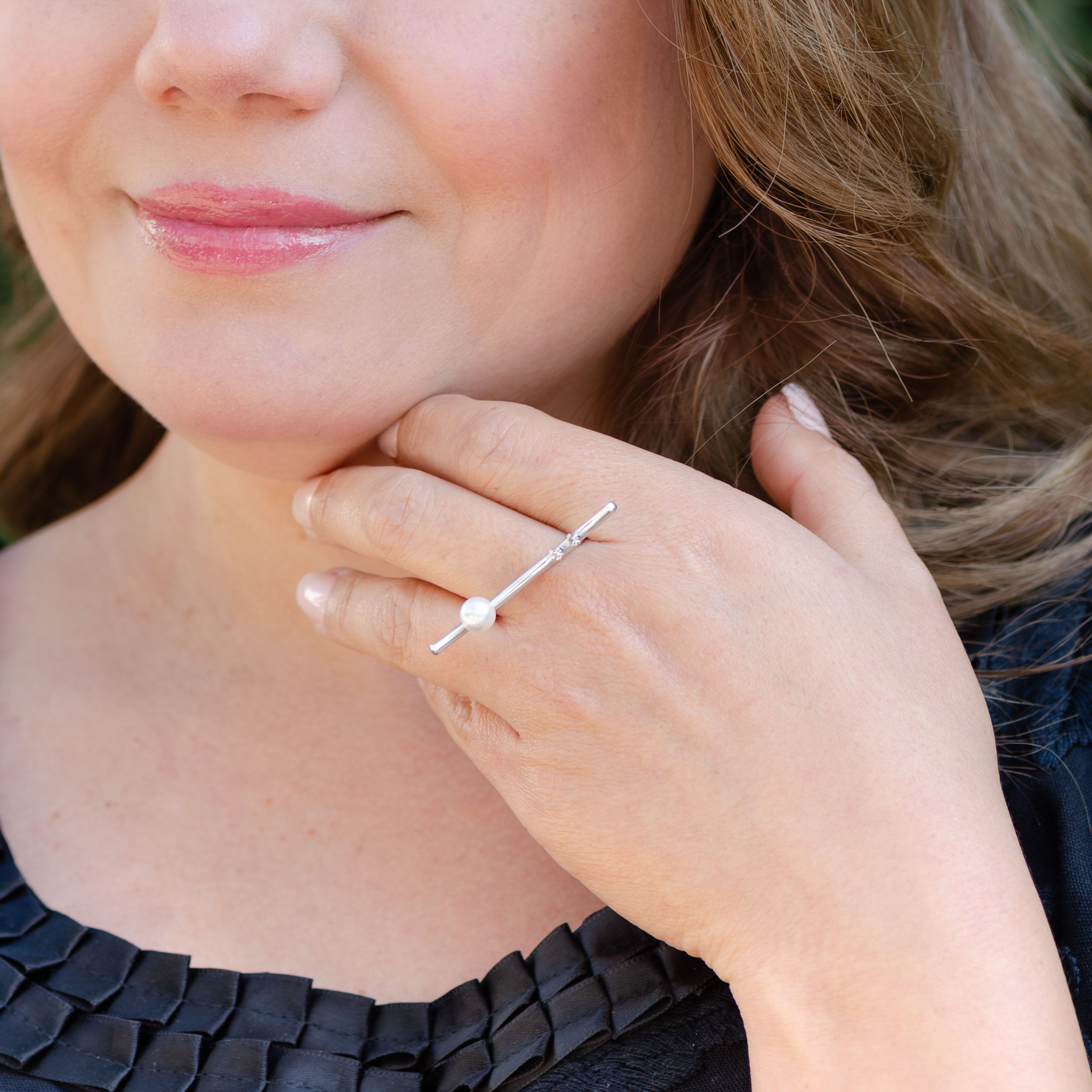 Sterling Silver Curved Ring with Faux Pearl