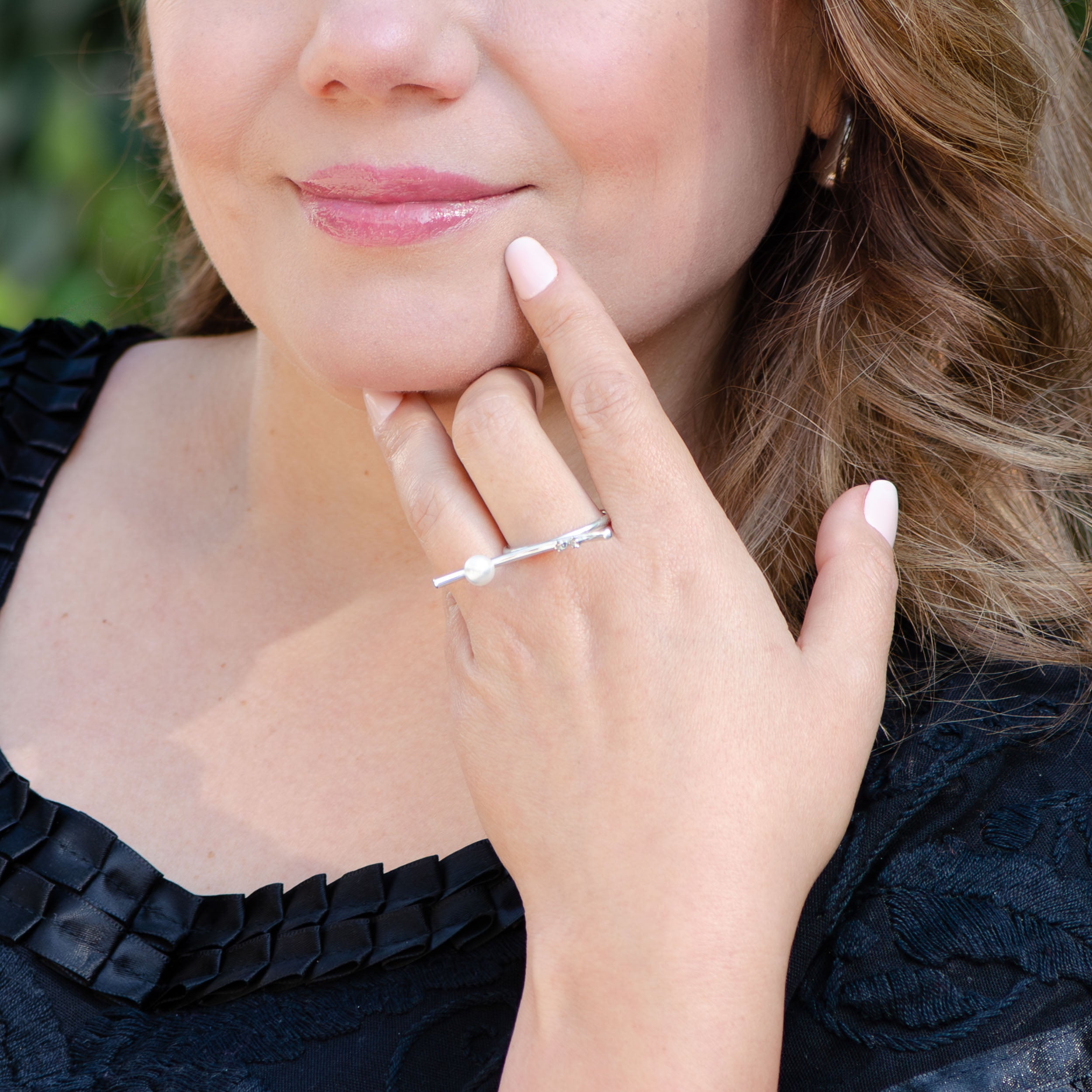 Sterling Silver Curved Ring with Faux Pearl