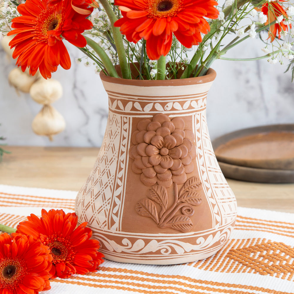 Patamban Short Vase with Sculpted Flowers