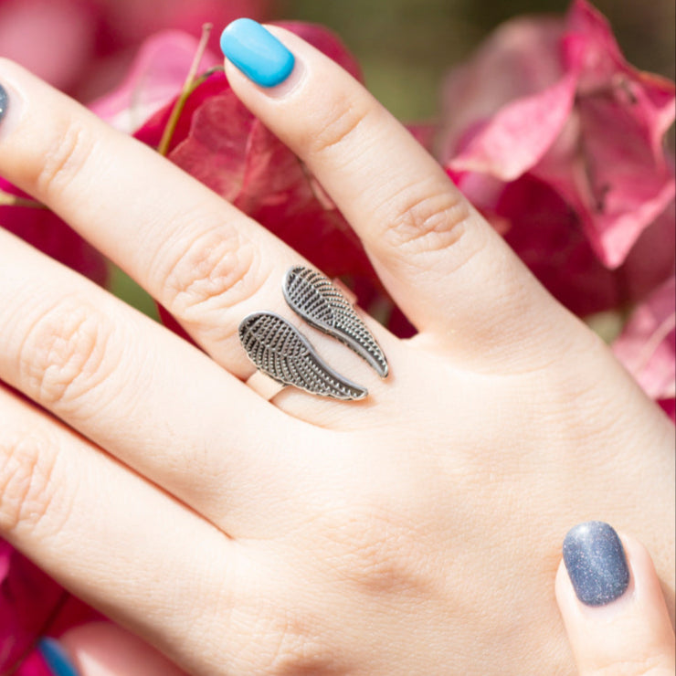 Sterling Silver Angel Wings Adjustable Ring