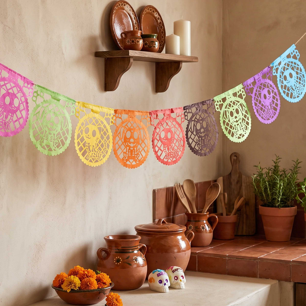 Papel Picado Rounded Dia de Muertos Dogs and Cats Banner
