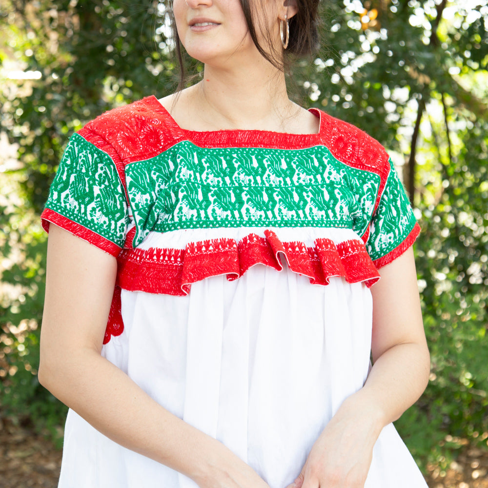 Puebla Classic Embroidered Ruffles Blouse | Lolo Mexican Mercadito White with Green Embroidery / Medium Puebla Classic Embroidered Ruffles Blouse | Lolo Mexican Mercadito White with Green Embroidery / Medium