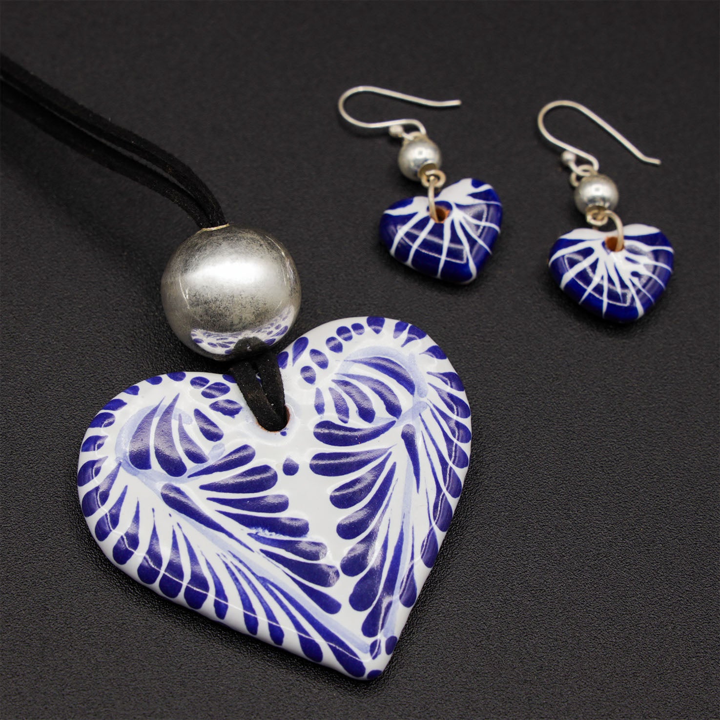 Sterling Silver Talavera Heart Detail Jewelry Set (Necklace & Earrings)
