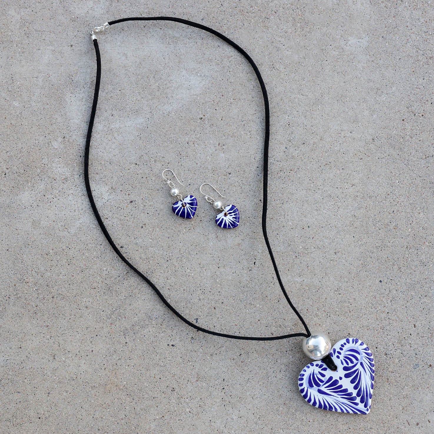 Sterling Silver Talavera Heart Detail Jewelry Set (Necklace & Earrings)