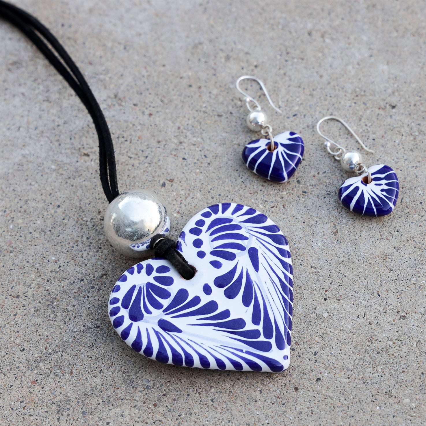 Sterling Silver Talavera Heart Detail Jewelry Set (Necklace & Earrings)