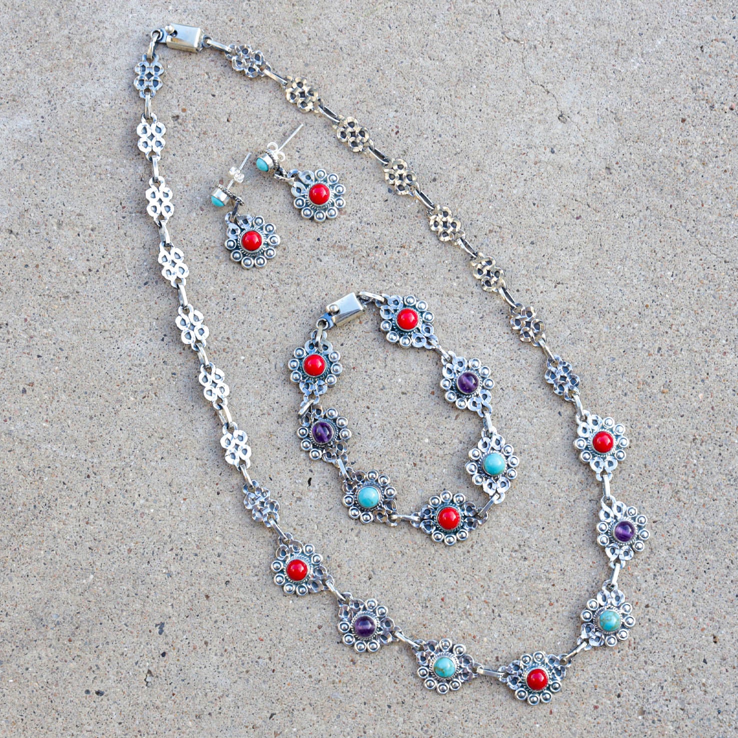 Sterling Silver Multicolor Barroco Necklace, Earrings, and Bracelet Set