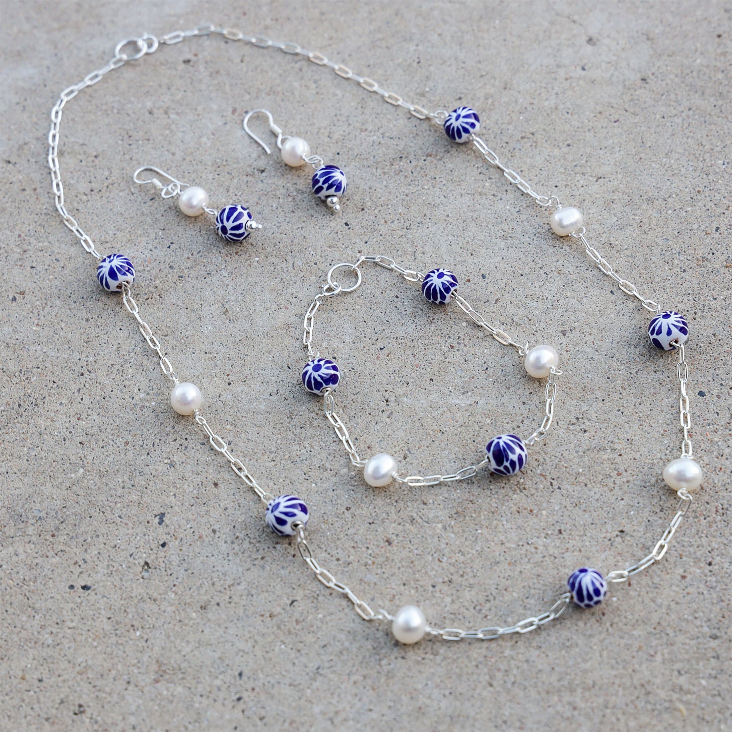 Sterling Silver Talavera & Pearl Elegance Set (Necklace, Bracelet, & Earrings)