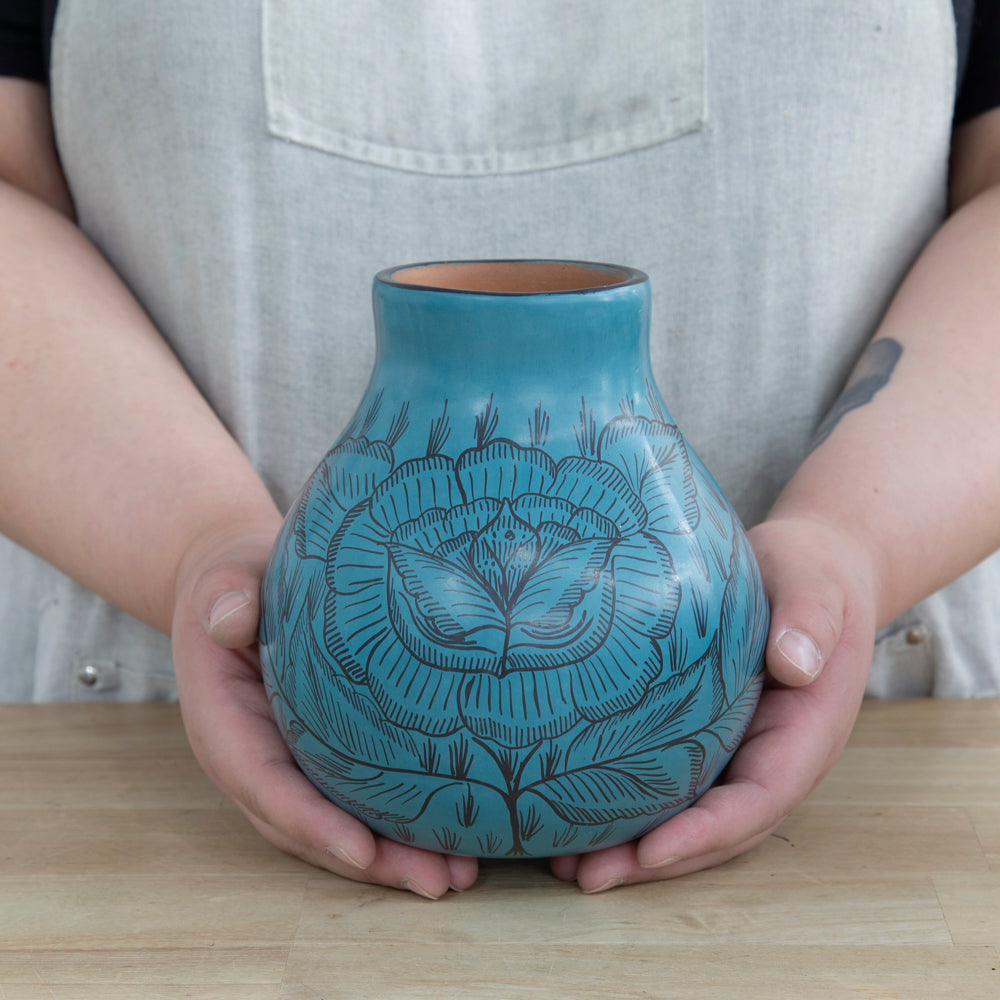 Huancito Short Teal Floral Vase