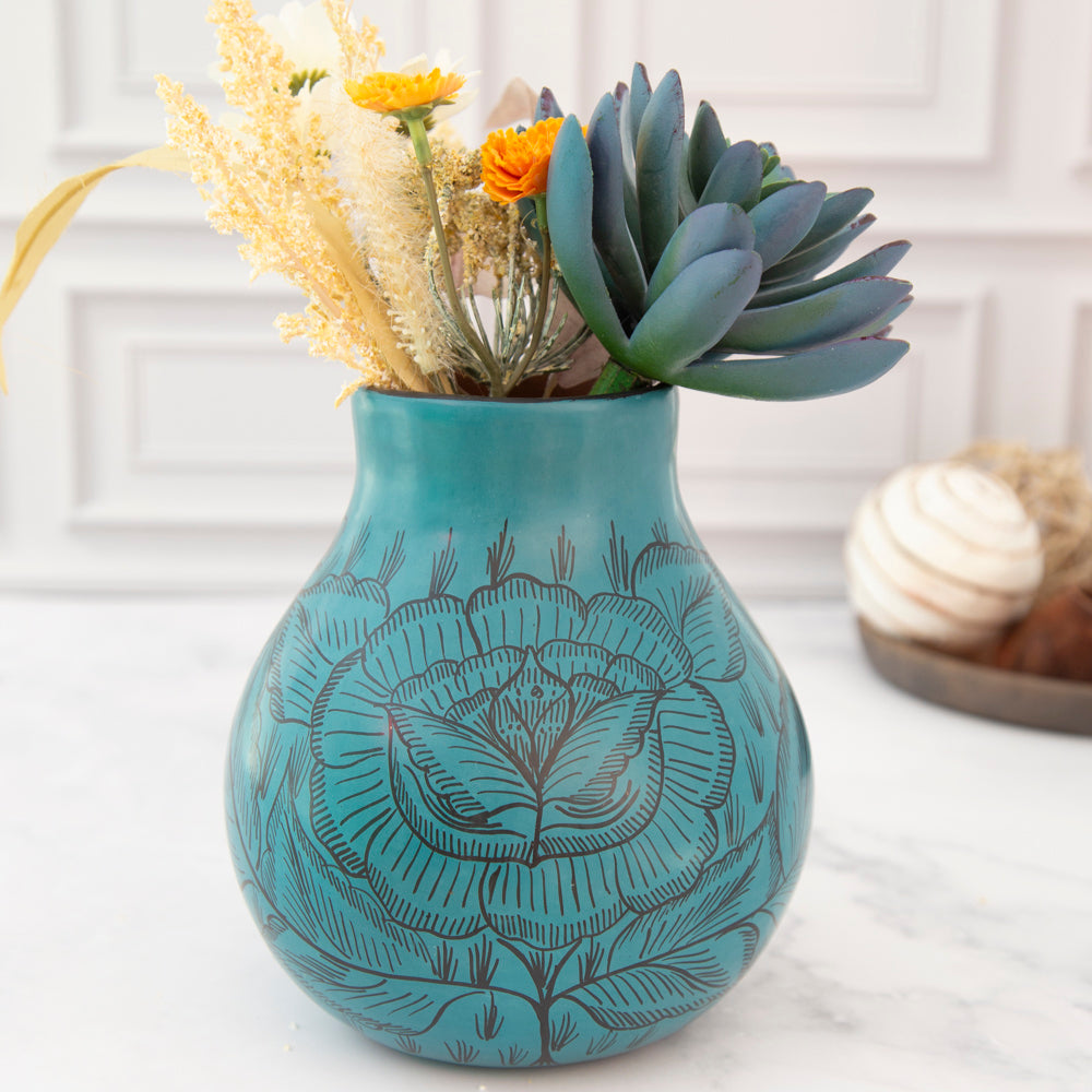 Huancito Short Teal Floral Vase