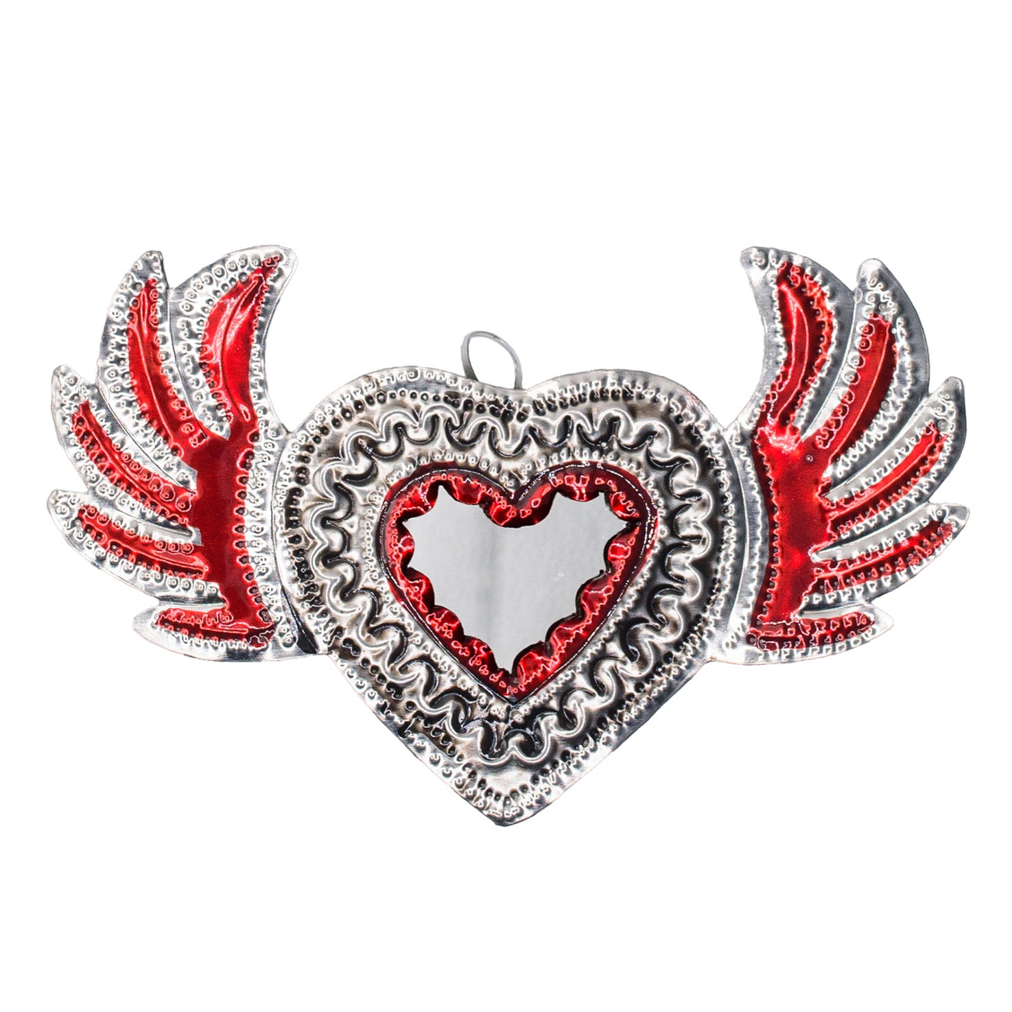 Medium Mexican Winged Milagro Tin Heart with Mirror