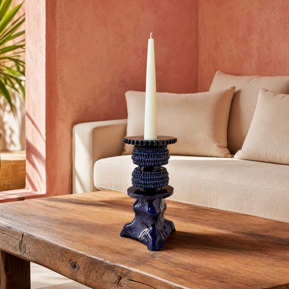 Small Blue Barro Vidriado Candle Holder