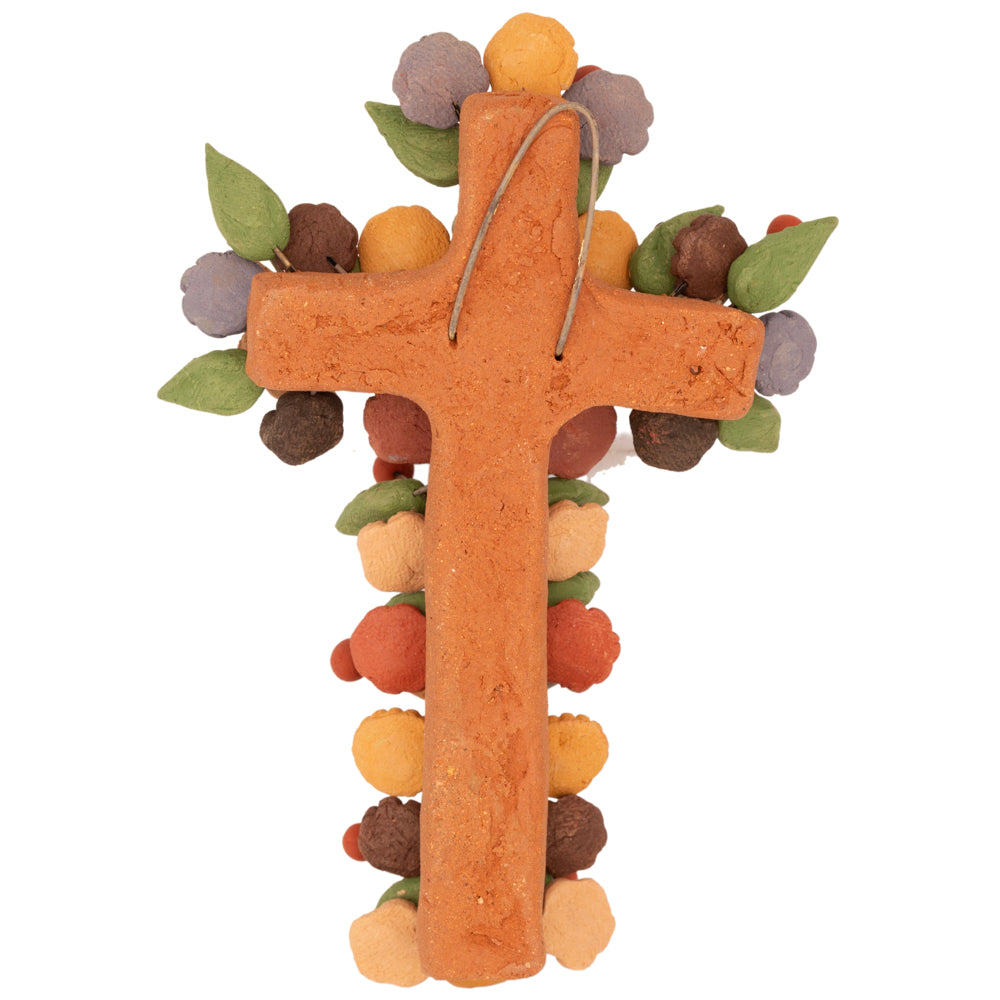 Small Floral Cross Barro Pigmentado Clay Wall Art