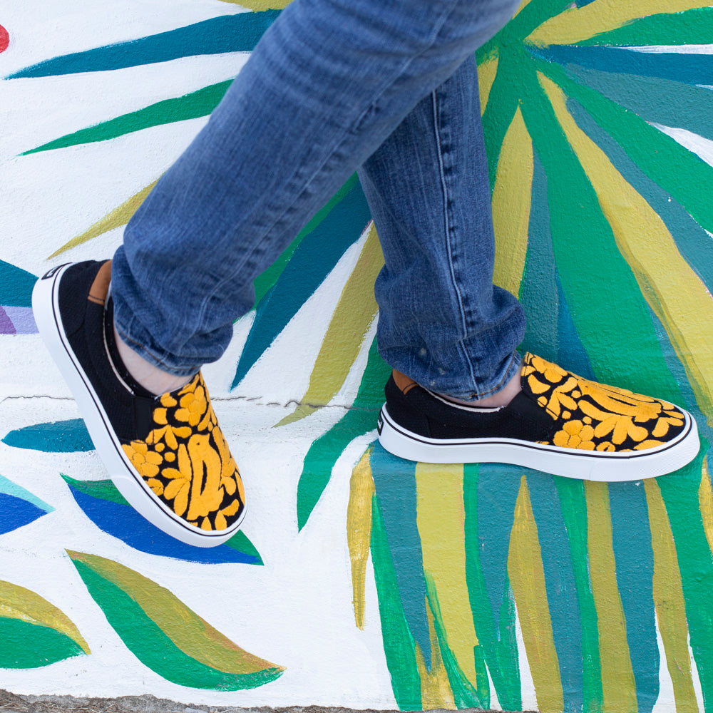 Black with Yellow Jalapa Embroidered Sneakers