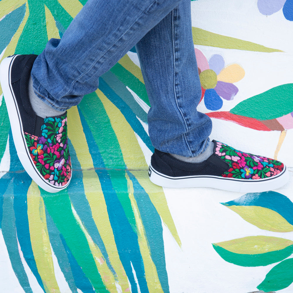 San Antonino Black with Multicolor Floral Embroidery Sneakers