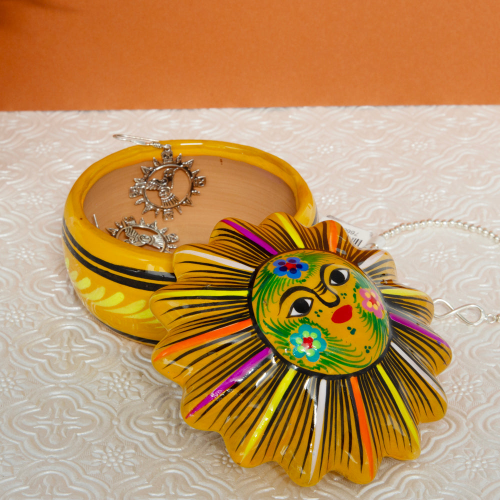 Hand-Painted Xalitla Sun Clay Trinket/Jewelry Box